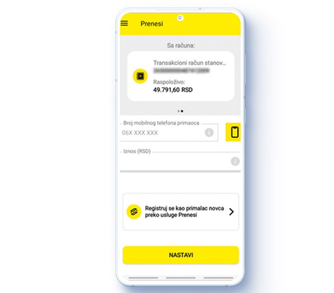Prikaz ekrana na mobilnom telefonu za Prenesi placanja